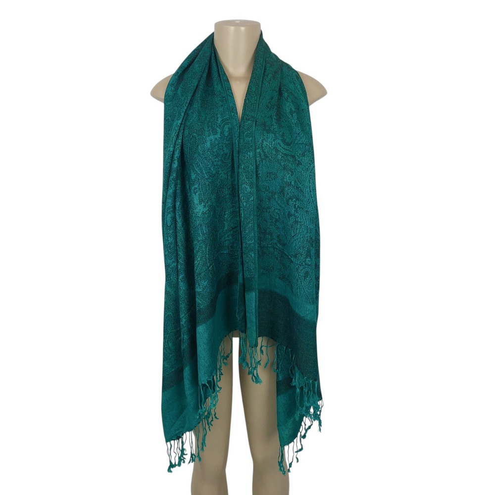 Pashmina Silk Blend Paisley Fringe Scarf Teal Blue Rave Boho Festival Wrap Shawl